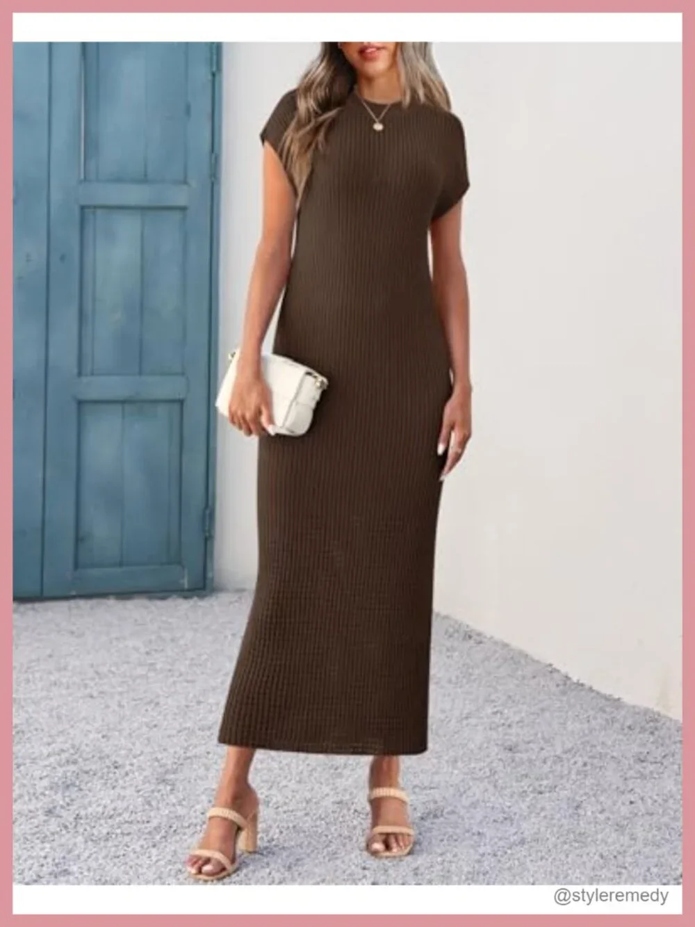Ribbed Knit Maxi Dress Casual Summer Cap Sleeve Crewneck Women's